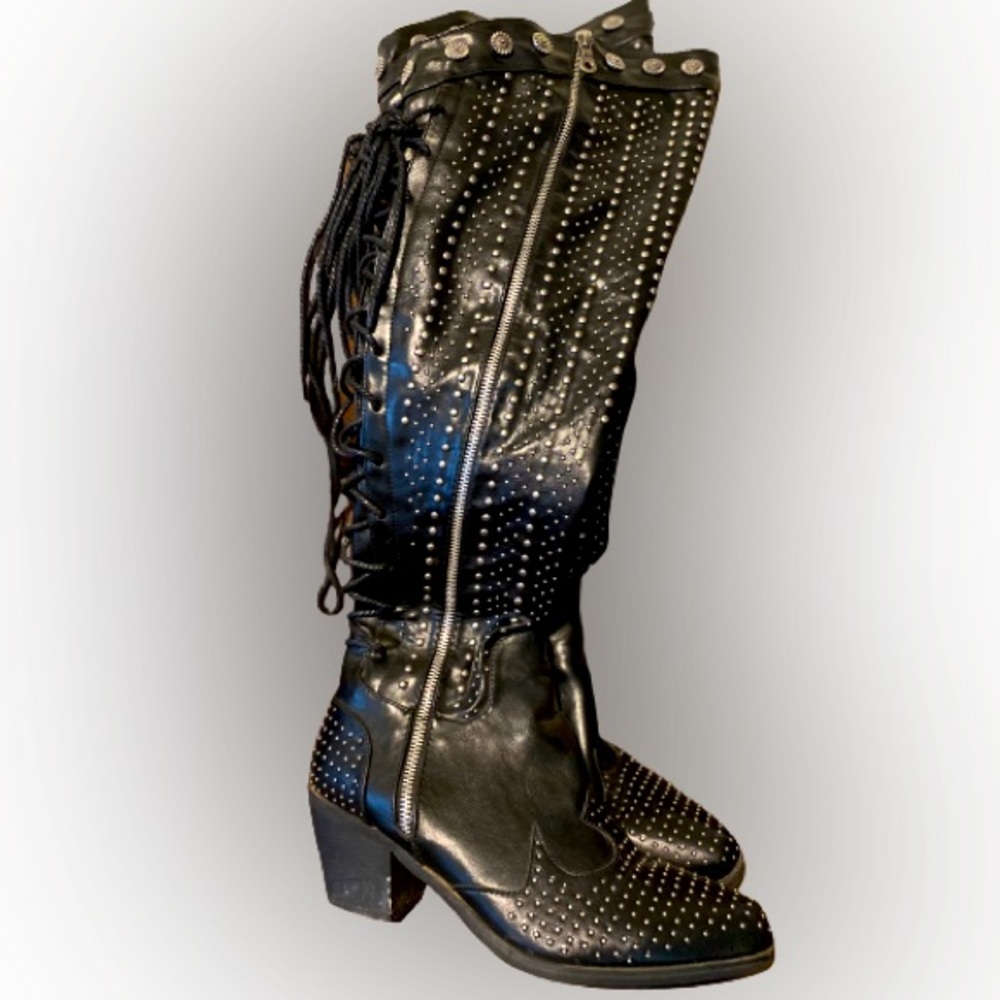 Black Studded Knee High Size 9 boots with Lace up detail and zippers